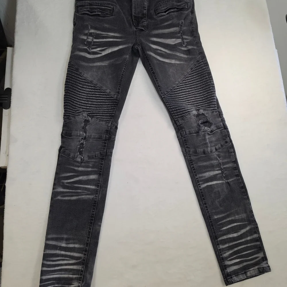 Grindhouse Denim Mens Moto Biker Jeans Faded Black Distressed Slim Fit Size 34